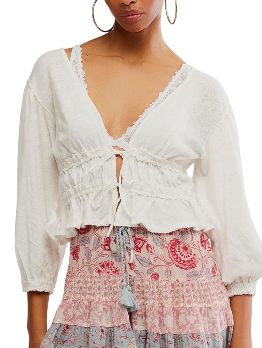 New Free People Let's Go Blouse White Size Medium Tie-front Linen/Cotton Boho